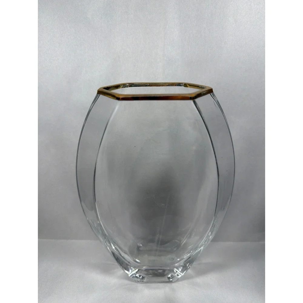 Vintage Clear Glass Hexagon Rim Vase Gold Trim